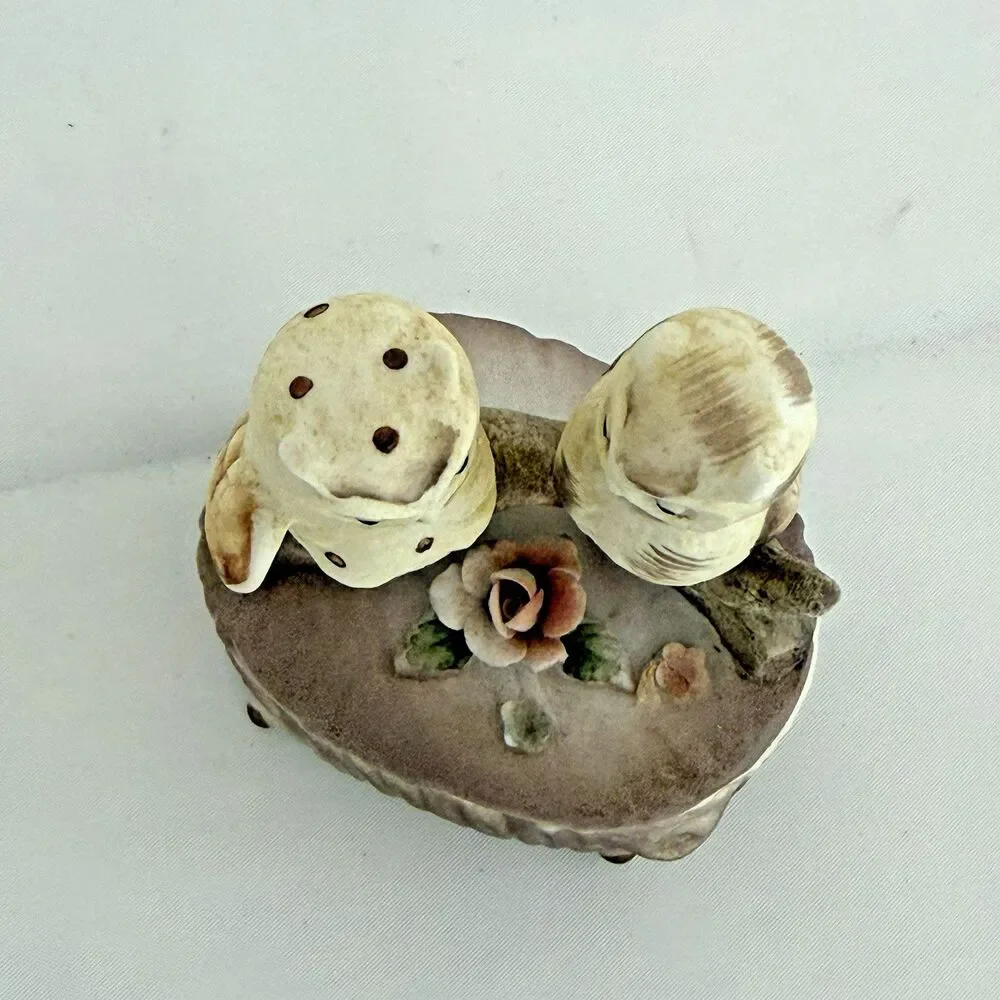 Trinket Box Ring Box Perched Owls Figurine Floral Accent Brown Bisque 5090 Japan